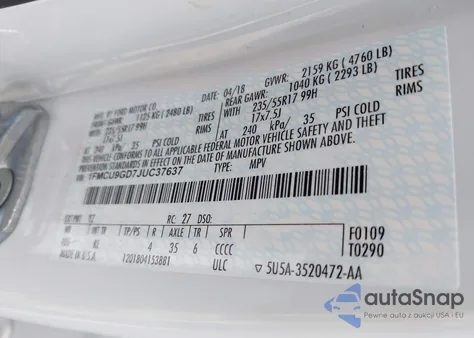 2018 Ford Escape Se from USA, damaged, VIN 1FMCU9GD7JUC37637